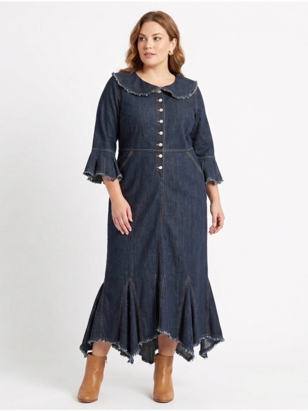Goddess Trend Denim Midi Maxi Raw Asymmetrical Hem Dress 14 NWOT Cottagecore